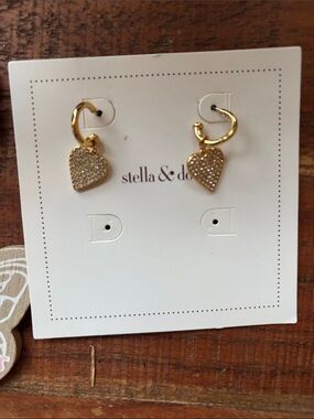 Stella & Dot Gold Glitter Heart Hoop Earrings